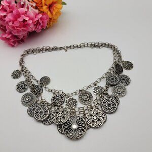 Premier Designs Silver Tone Clear Crystal Coin Charm Layered Necklace 17"